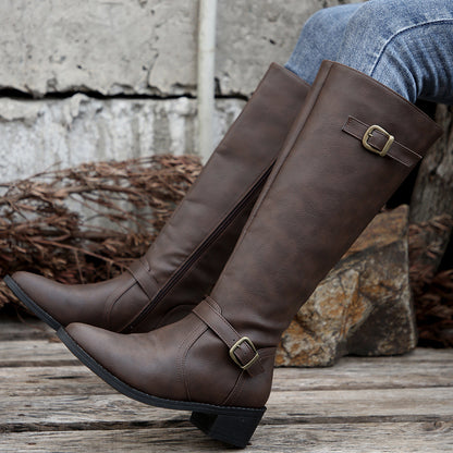 Buckle Chunky Low Heel Side Zipper Knee High Boot