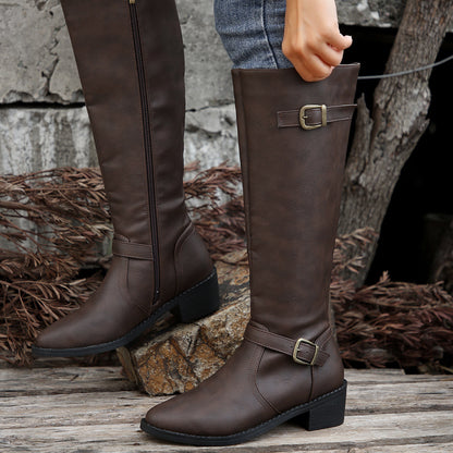 Buckle Chunky Low Heel Side Zipper Knee High Boot