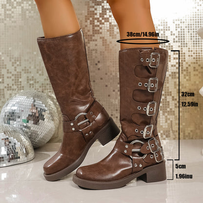 Buckle Vintage Style Knee-high Boot