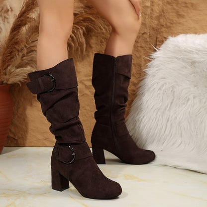 Suede Buckle Detail Chunky Heels Knee-high Boot