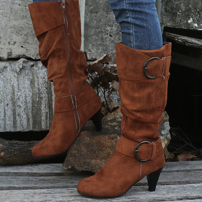 Suede Buckle Strap Side Zipper High Heeled Boot