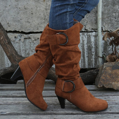 Suede Buckle Strap Side Zipper High Heeled Boot