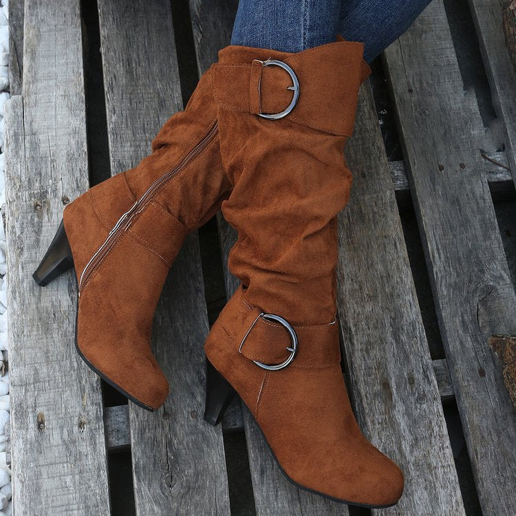 Suede Buckle Strap Side Zipper High Heeled Boot