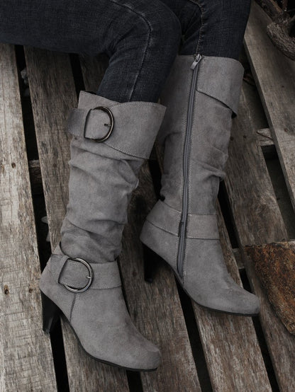 Suede Buckle Strap Side Zipper High Heeled Boot