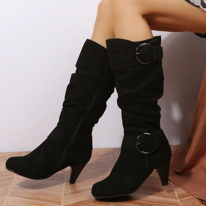 Suede Buckle Strap Side Zipper High Heeled Boot