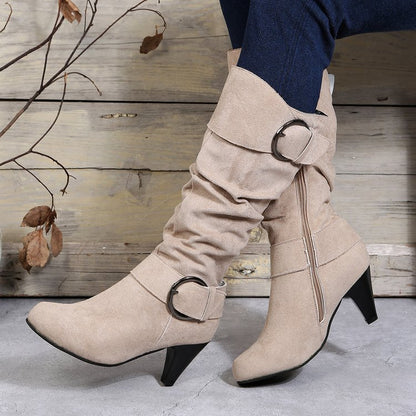 Suede Buckle Strap Side Zipper High Heeled Boot