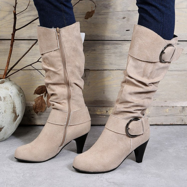 Suede Buckle Strap Side Zipper High Heeled Boot