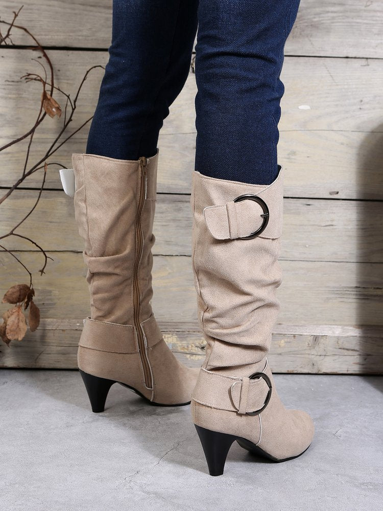 Suede Buckle Strap Side Zipper High Heeled Boot