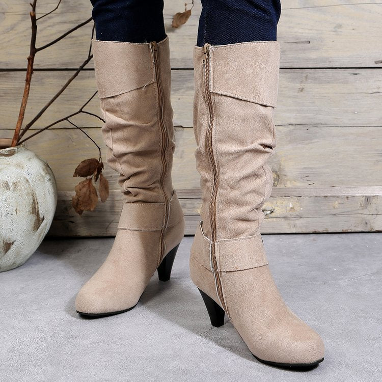 Suede Buckle Strap Side Zipper High Heeled Boot