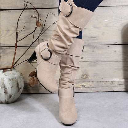 Suede Buckle Strap Side Zipper High Heeled Boot