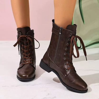 Round-toe Side Zipper Lace-up Mid-calf Boot