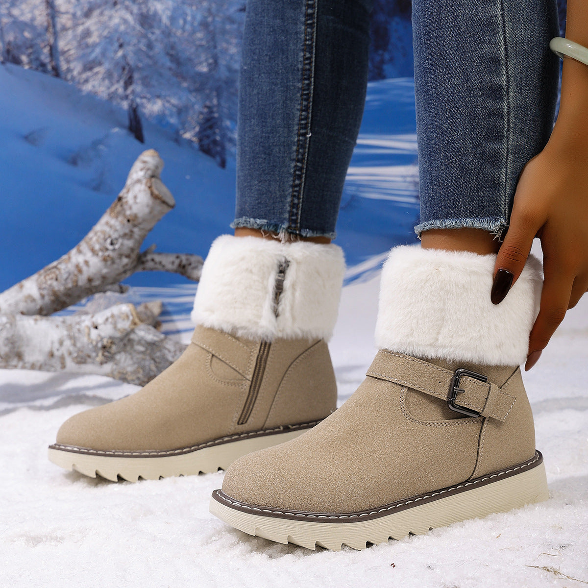 Belt Buckle Fleece-lined Side Zipper Boot
