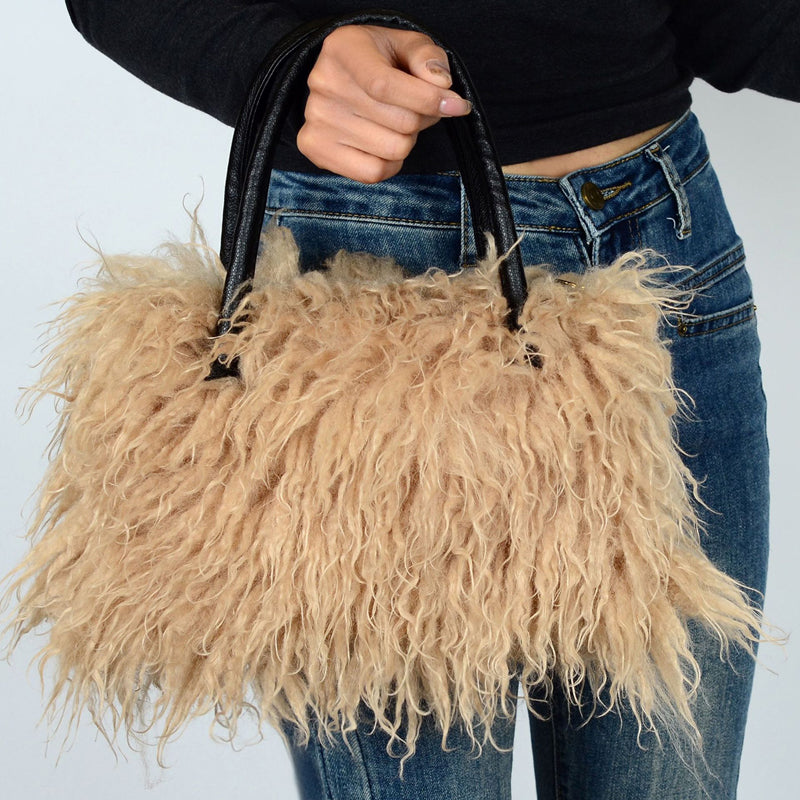 Imitation Wool Tote Bag With Genuine Leather Handles Handbag