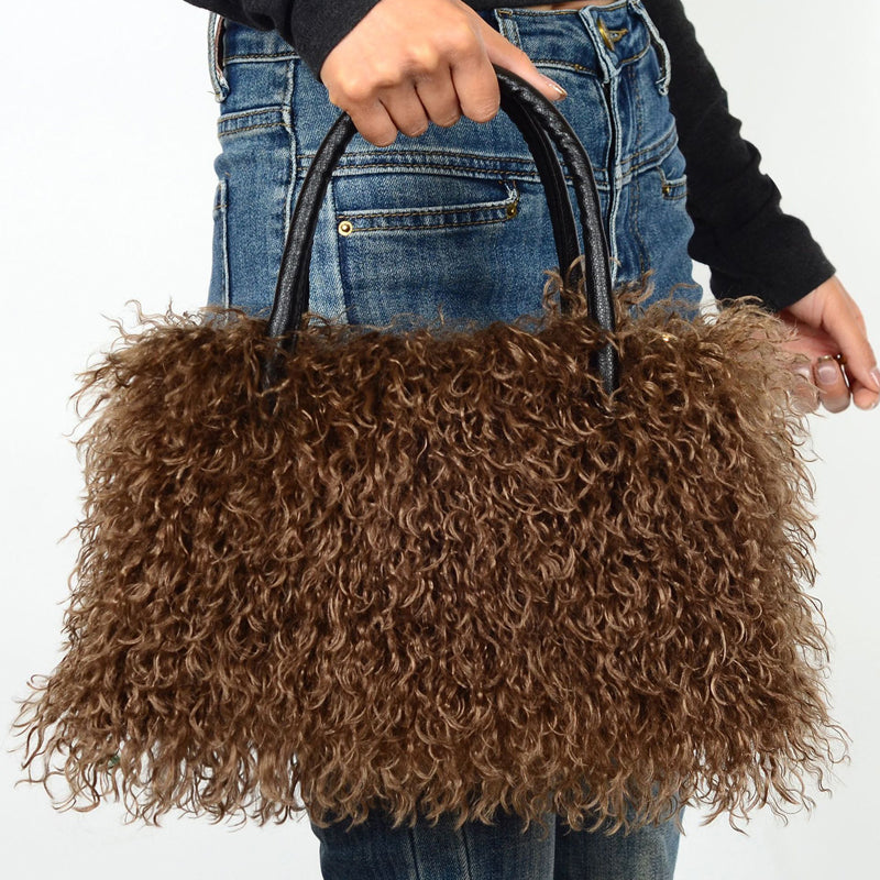 Imitation Wool Tote Bag With Genuine Leather Handles Handbag