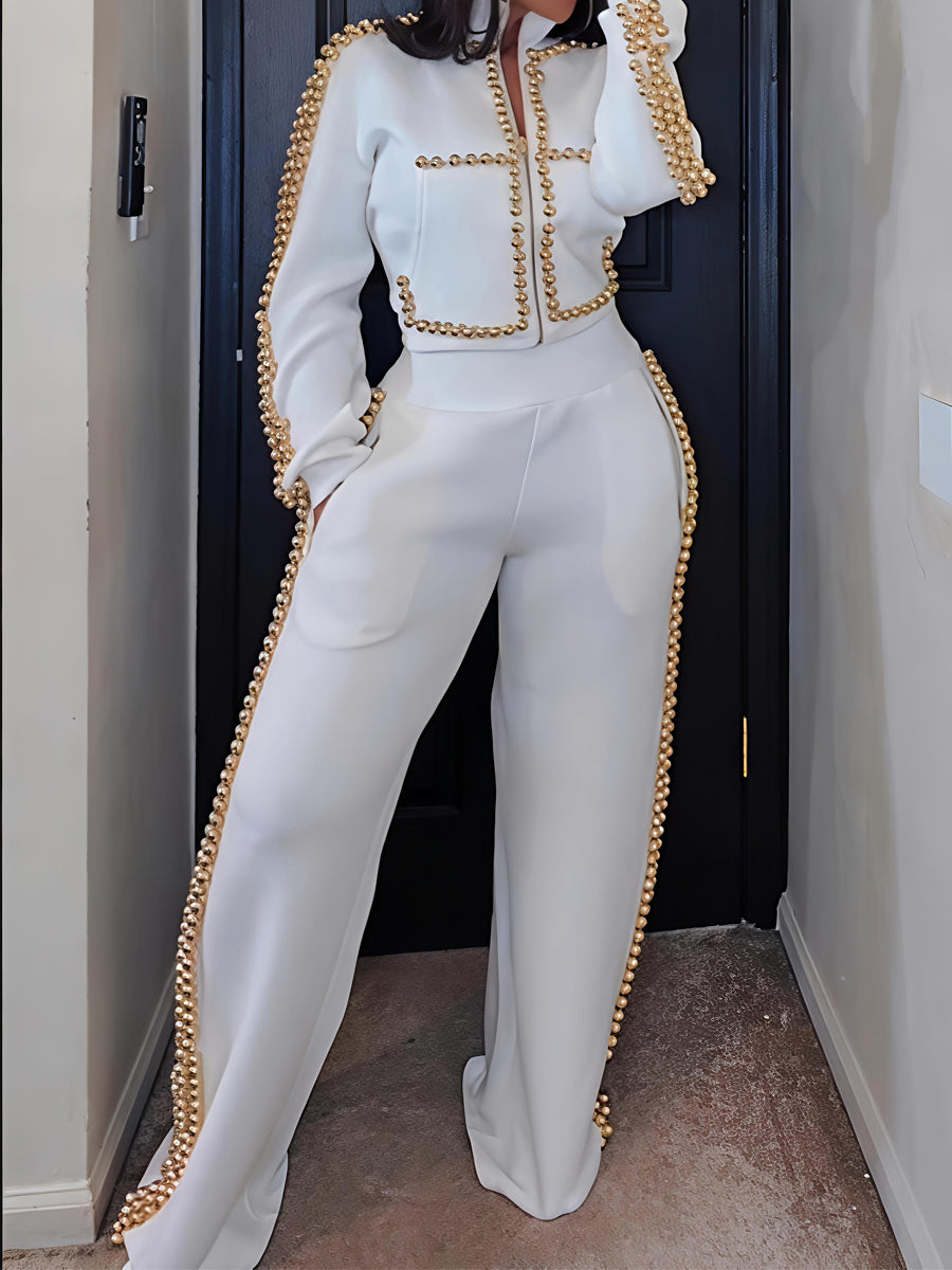 Metal Ball Decorated Zipper Sweatshirt Pants Suit