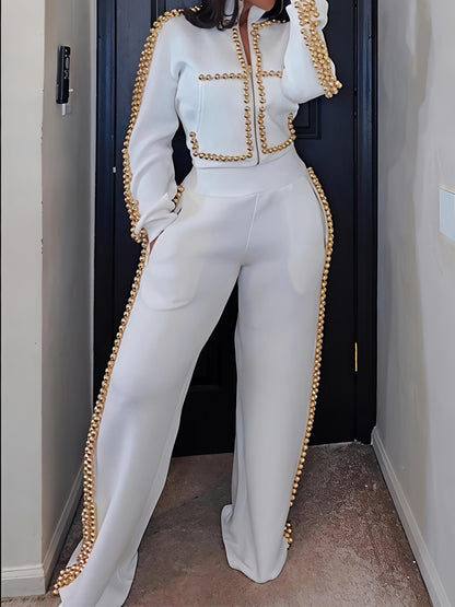 Metal Ball Decorated Zipper Sweatshirt Pants Suit