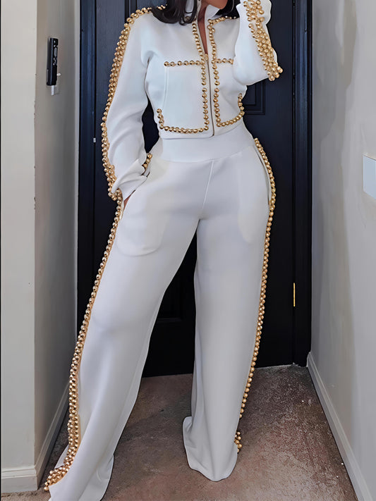 Metal Ball Decorated Zipper Sweatshirt Pants Suit