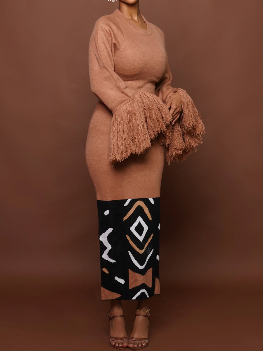 Printed Patchwork Fringed Knit Maxi Dress