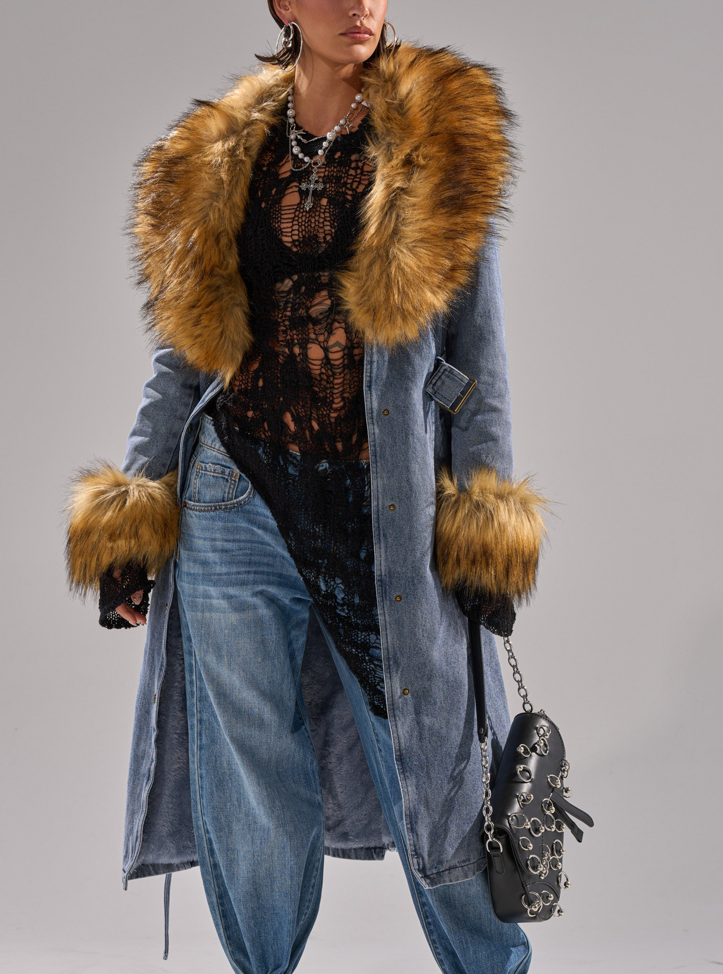 Fur Trim Denim Trench