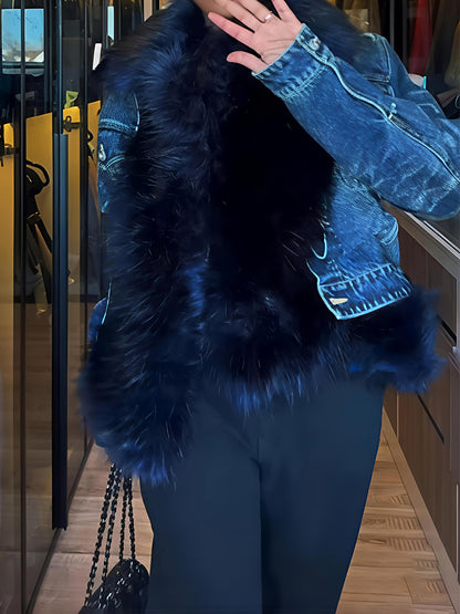 Treated Faux Fur Cinched Jacket Blue And Black