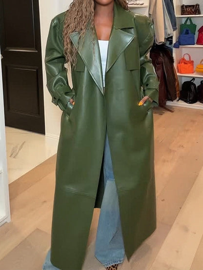 Fashionable Vegan PU Leather Lace-up Coat