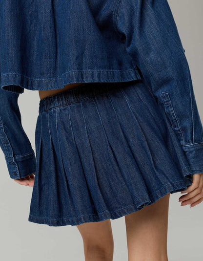 Cropped Button-down Denim Top And Pleated Skirt