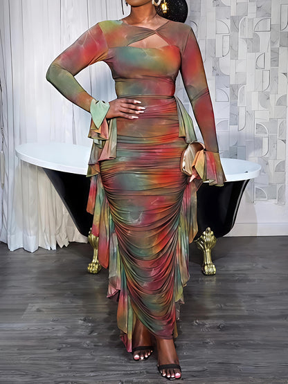 Fashion Mesh Printed Ruffled Maxi Dress