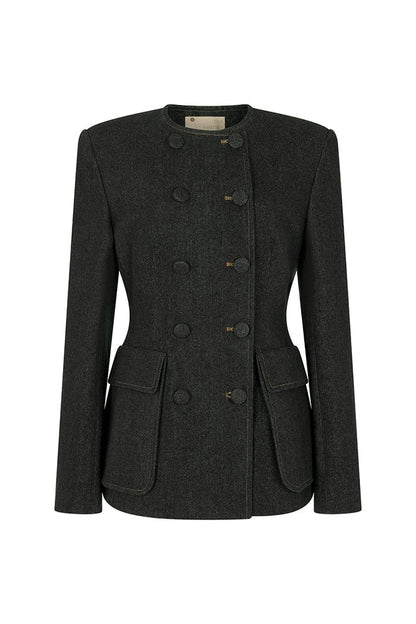 Double-breasted Tailored Blazer In Black Denim& Flared Pants