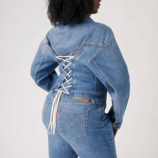 Washed Denim Long Sleeve Jacket with Lace Back