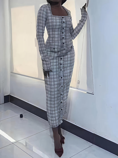 Faux Pearl Square Collar Tweed Dress