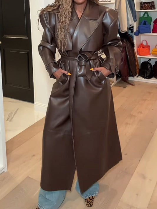 Fashionable Vegan PU Leather Lace-up Coat