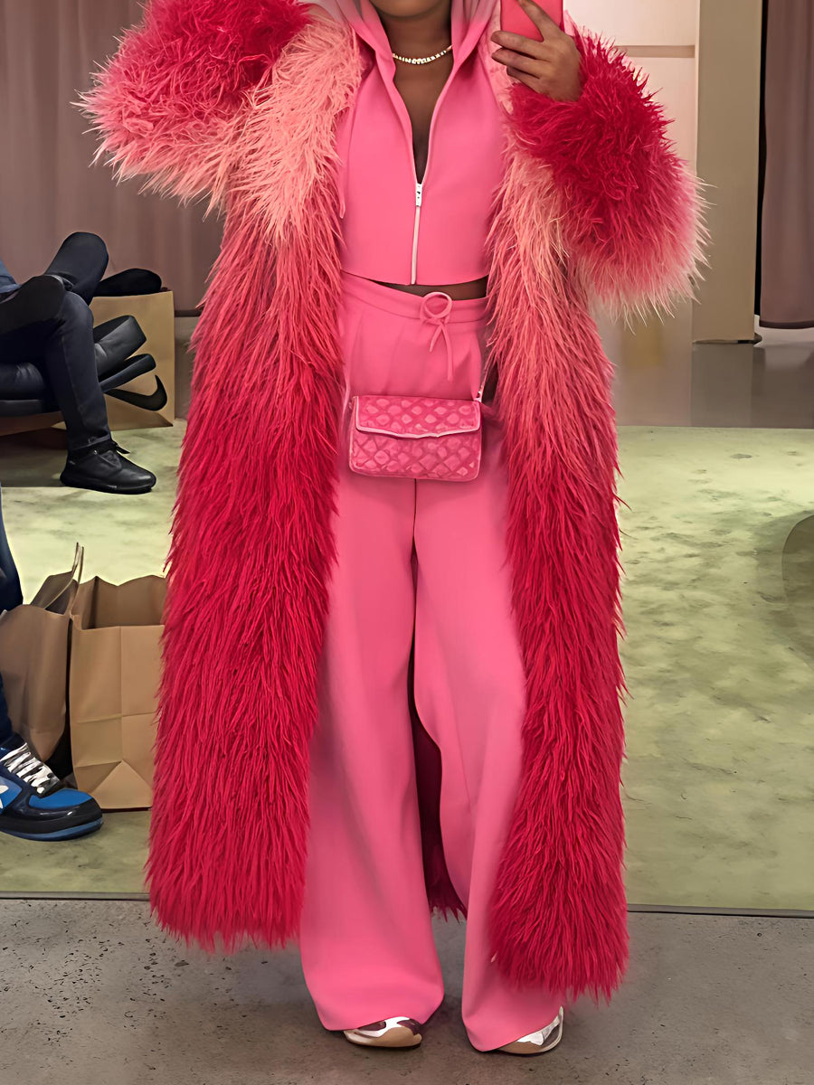 Faux Fur Notched Collar Ombre Design Coat