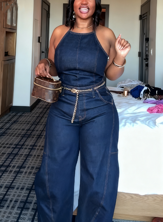 Halter Neck Backless Denim Jumpsuit