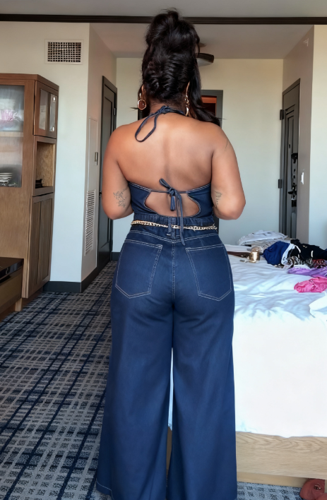 Halter Neck Backless Denim Jumpsuit