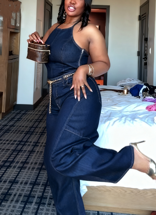 Halter Neck Backless Denim Jumpsuit