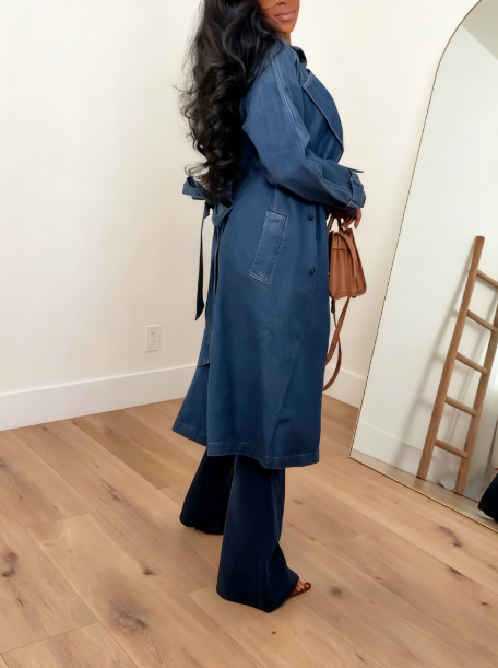 Double Breasted Denim Trench Coat With Belt