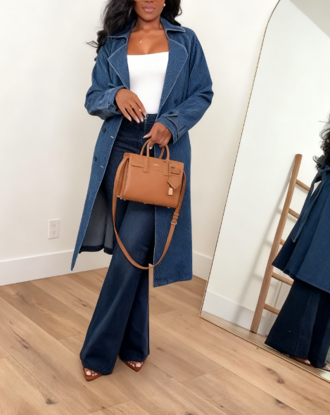 Double Breasted Denim Trench Coat With Belt