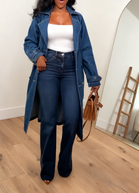 Double Breasted Denim Trench Coat With Belt
