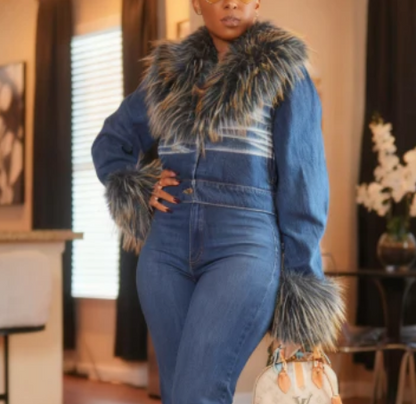 Faux Fox Fur Collar Denim Suit