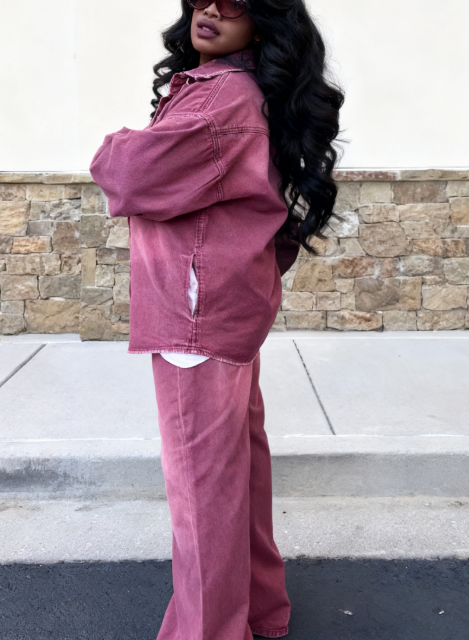 Slow Fade Denim Shacket And Pant Suit