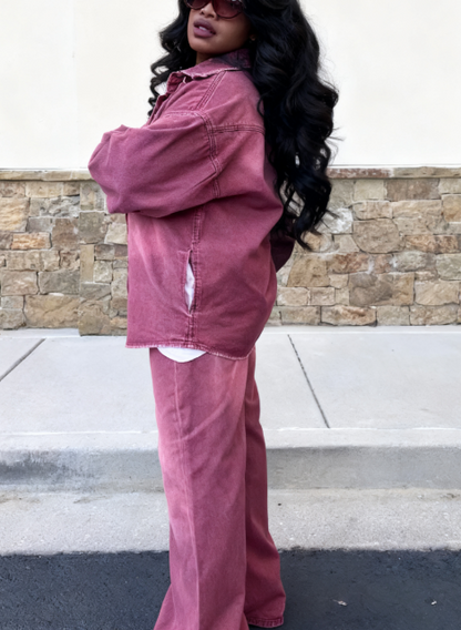 Slow Fade Denim Shacket And Pant Suit