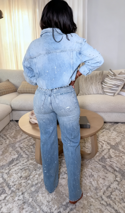 Plus Size Embellished Denim Jacket And Pant Sets