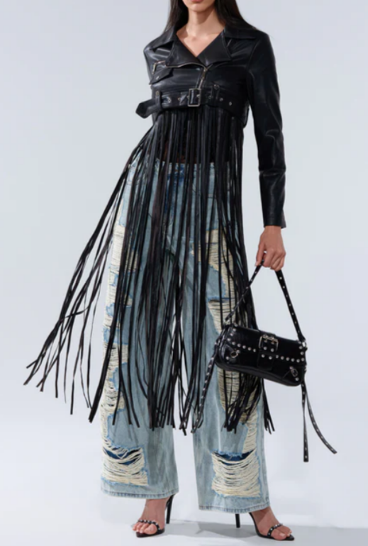 Maxi Fringe Faux Leather Moto Jacket