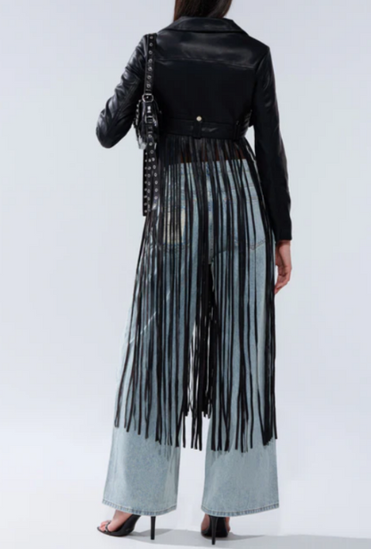 Maxi Fringe Faux Leather Moto Jacket