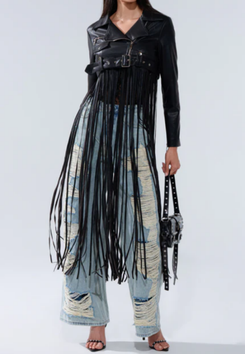 Maxi Fringe Faux Leather Moto Jacket
