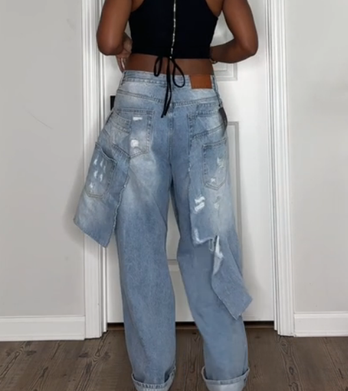 Double-belted Ripped Frayed Jeans