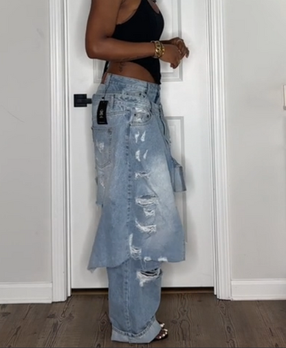 Double-belted Ripped Frayed Jeans
