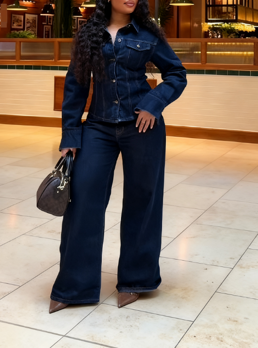 Retro Washed Denim Shirt and Pants Suit