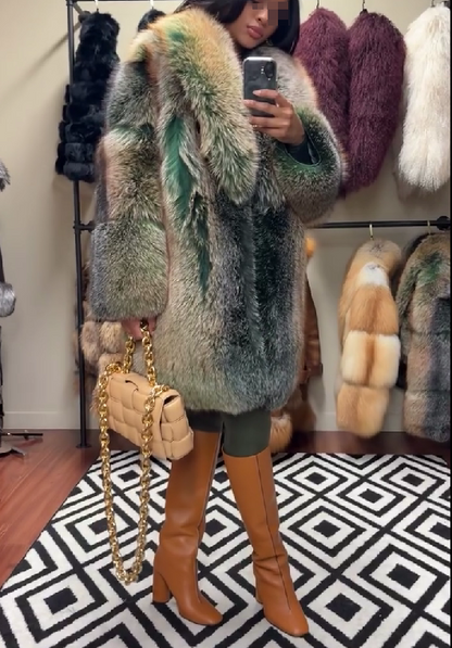 Green Trinity Mid Length Faux Fox Fur Coat