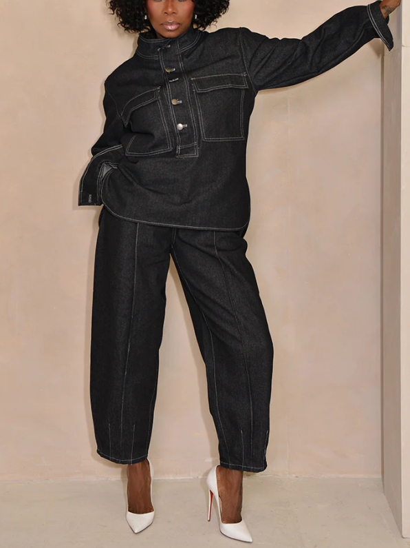 Denim Stand Collar Pockets Two Pieces Set